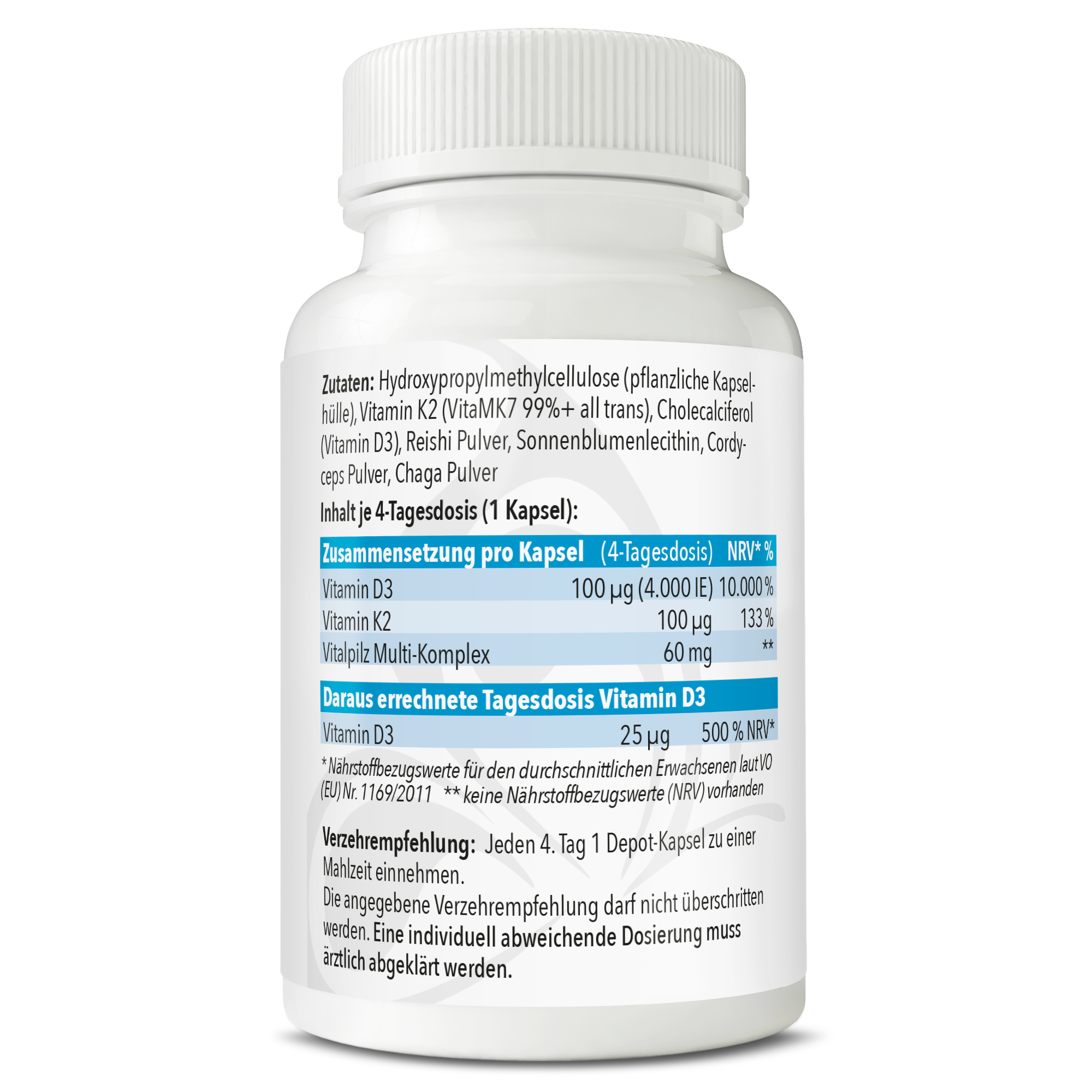 Vitamin D3 + K2 Kapseln - 4.000IE - mit Vitalpilz Multi-Komplex